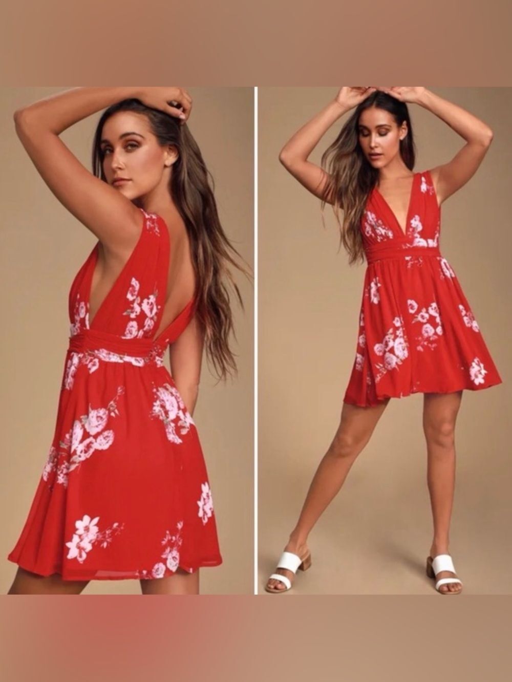 Lulu’s Milana Red Romantic Feminine Floral Print Mini Dress Medium
